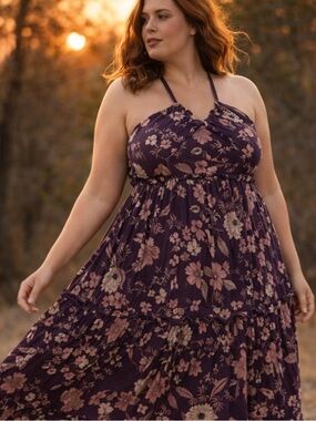 Plus Size Floral Halter Maxi Dress in Deep Plum